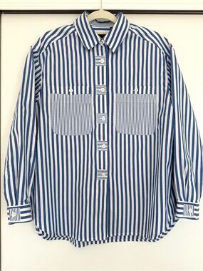 Lizsport Blue and White Vertical Striped Button-Down Shirt long sleeve size L